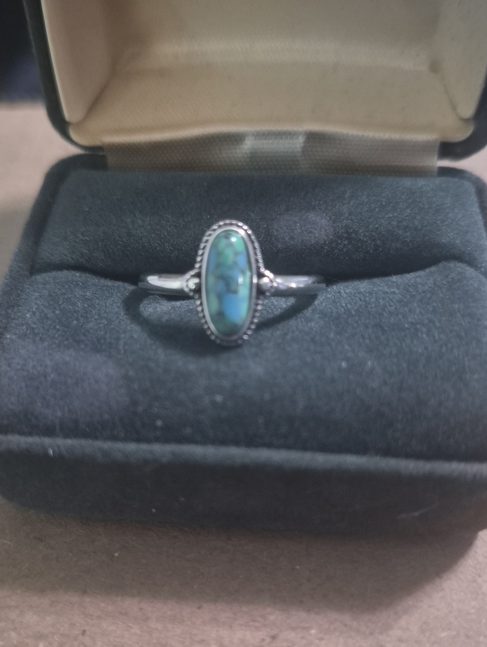 Sterling Silver Oval Blue-Green Stone Ring